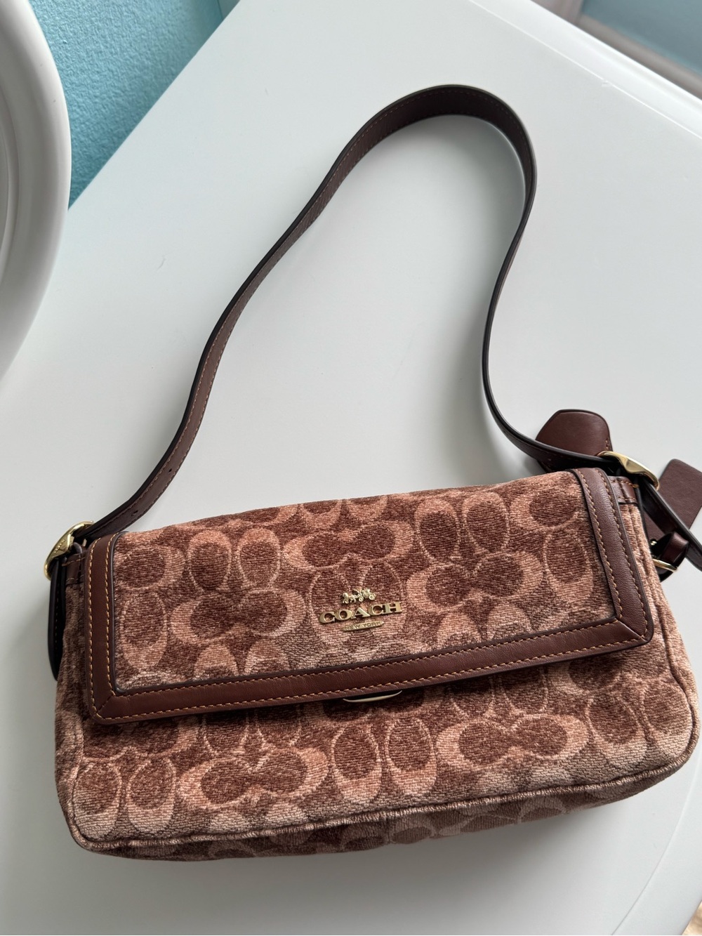 Coach Brown Signature Jacquard Shoulder Bag with Leather Trim